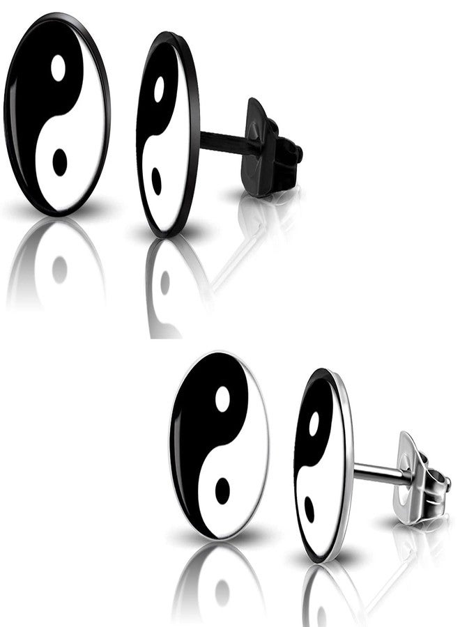 SIISPRI 316L Surgical Stainless Steel Yin Yang Round Circle Button Stud Post Earrings 10MM (black+silver) - Image 1